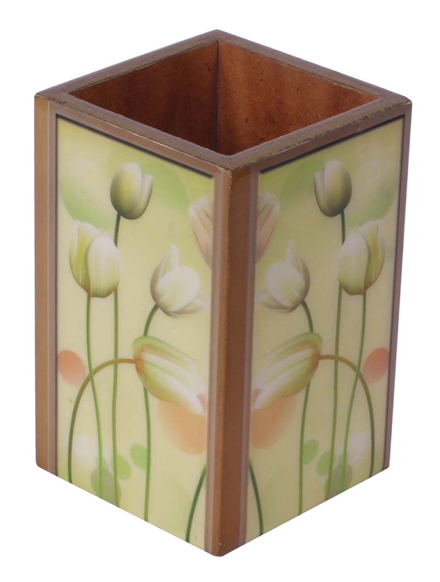4” Pen-Stand Holder in MDF with Floral Pattern - Pastel Green - Desk Accessories / Organizers - Buy in Bulk Wholesale
